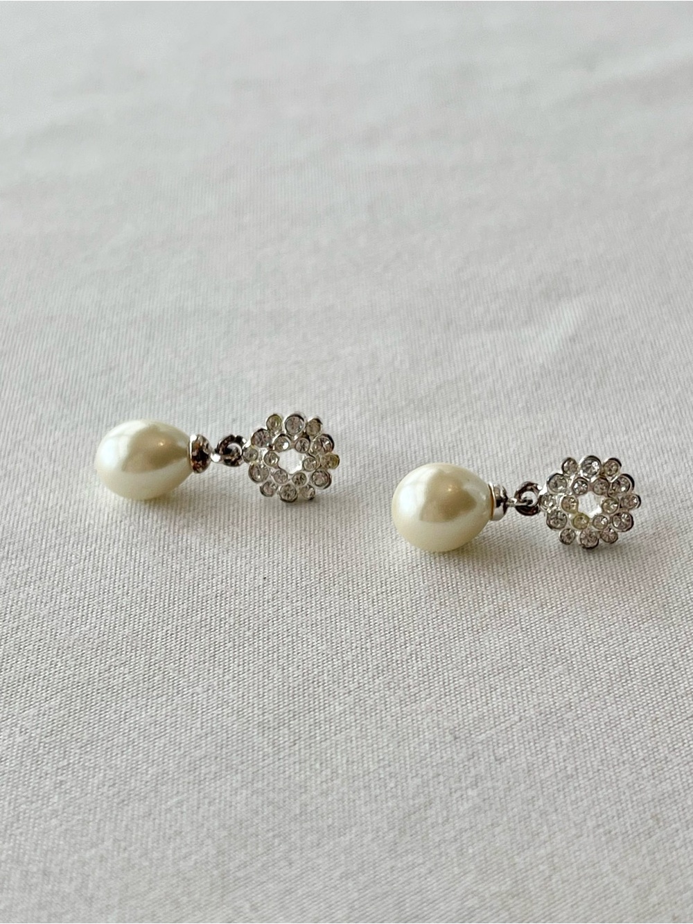 Ivory Pearl Silver Tone Drop Earrings with Crystal Floral Studs
